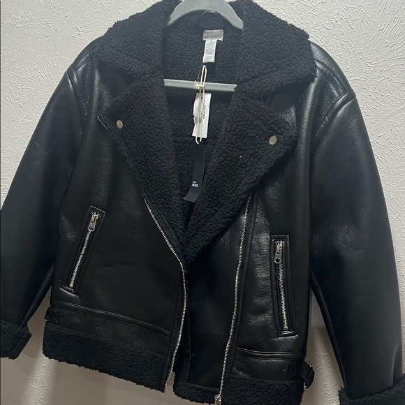 Black Faux Shearling Moto Biker Jacket Cropped Sherpa Lined - Picture 7 of 9